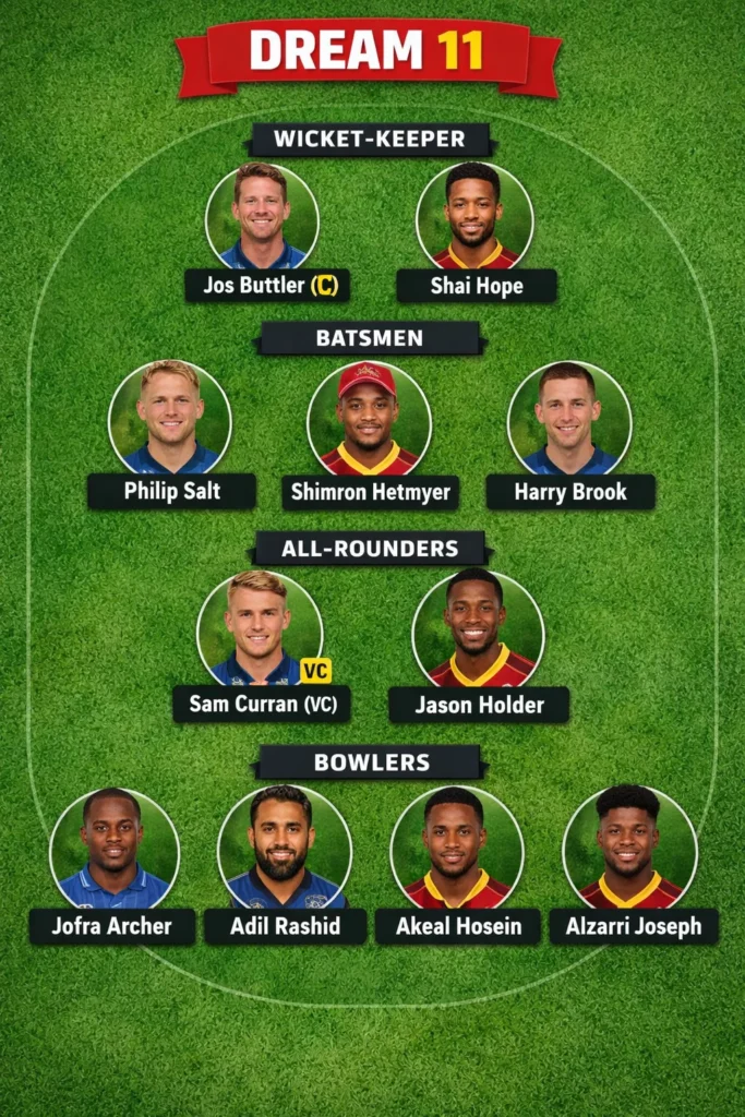 ENG VS WI DREAM11 TEAM TODAY ICC T20 WC GROUP C MATCH 15