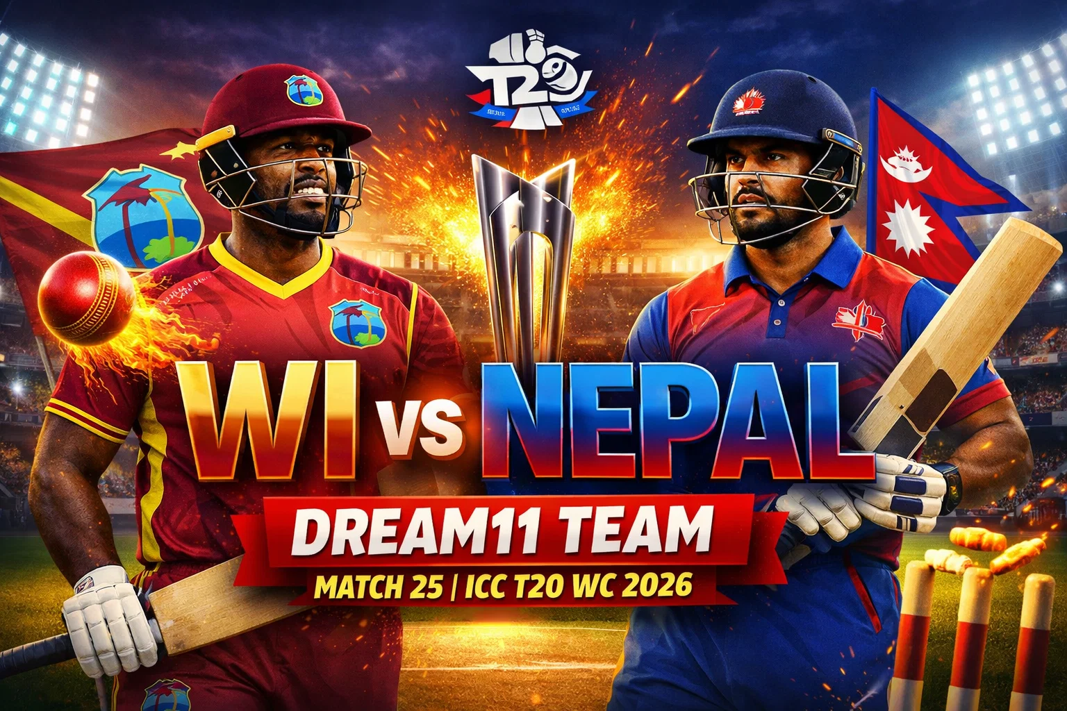 WI vs NEPAL Dream 11 Team match 25 ICC T20 WC 2026