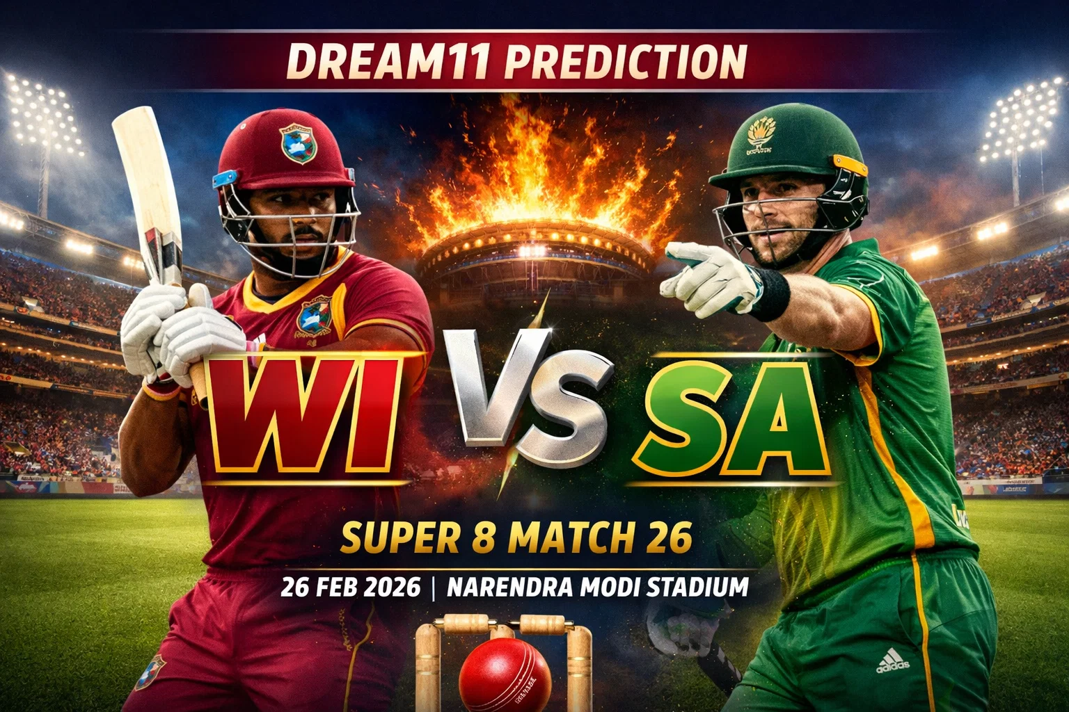 WI vs SA Dream11 Prediction : Super 8 Match 26 FEB 2026 Narendra Modi Stadium