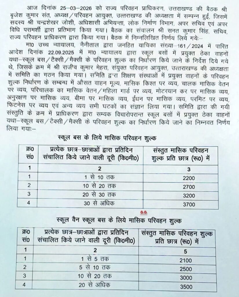 Uttarakhand School Bus Fees