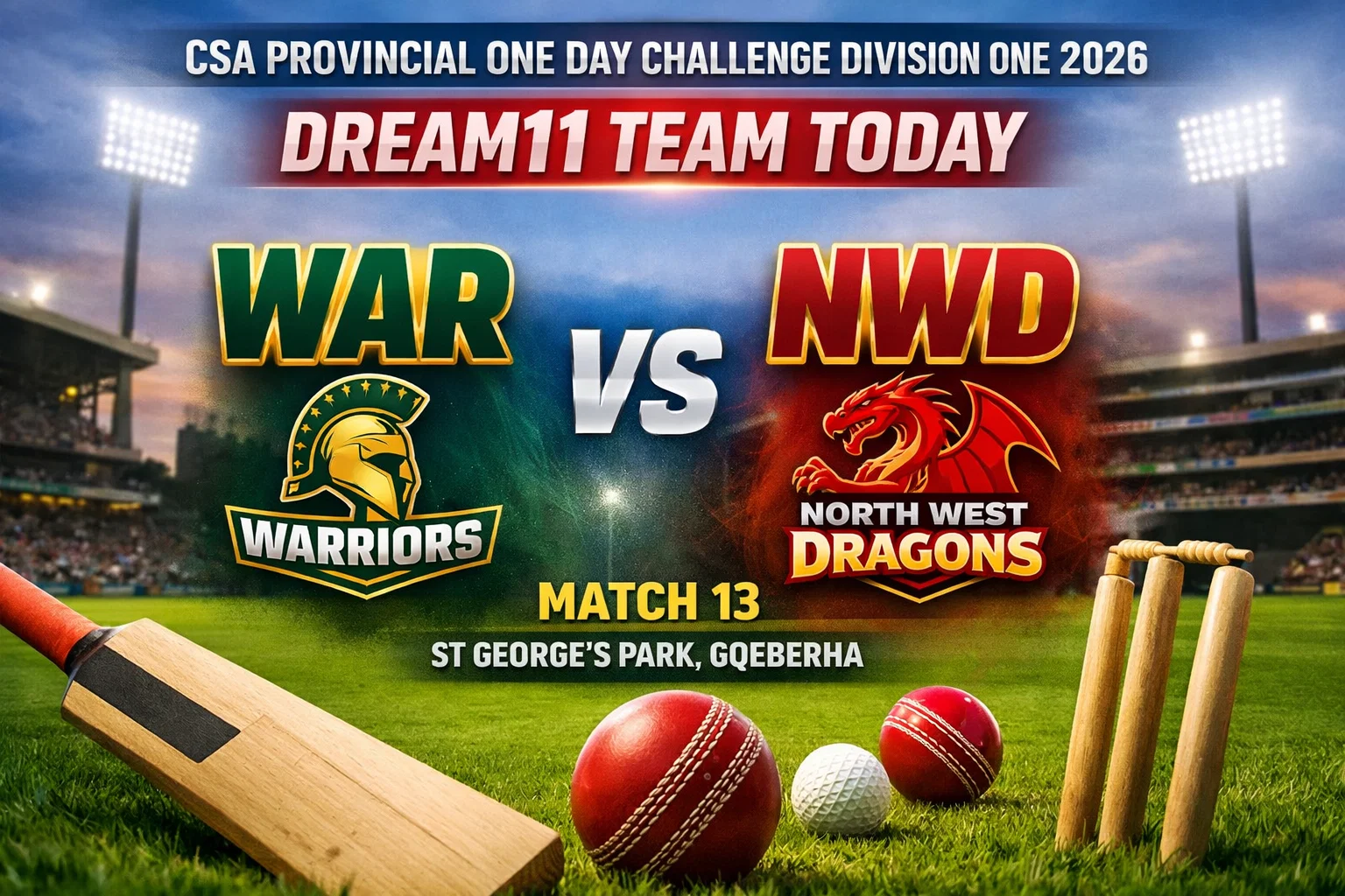 WAR vs NWD Dream11 Team Today CSA Provincial One Day Challenge Division One 2026 Match 13th
