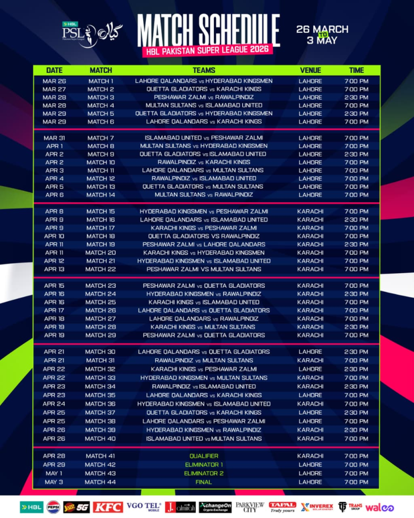 PSL 11 2026 Match Schedule