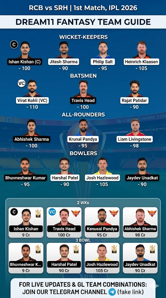 RCB vs SRH IPL 2026 Dream 11 Team Image