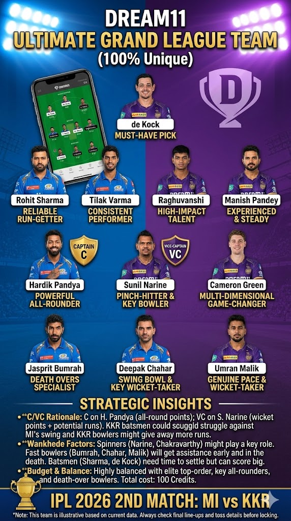 MI vs KKR Dream11 2nd Match IPL 2026