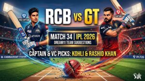 RCB vs GT Dream11 Team Match 34 IPL 2026 के लिए पिच रिपोर्ट, प्लेइंग XI और फैंटेसी टिप्स