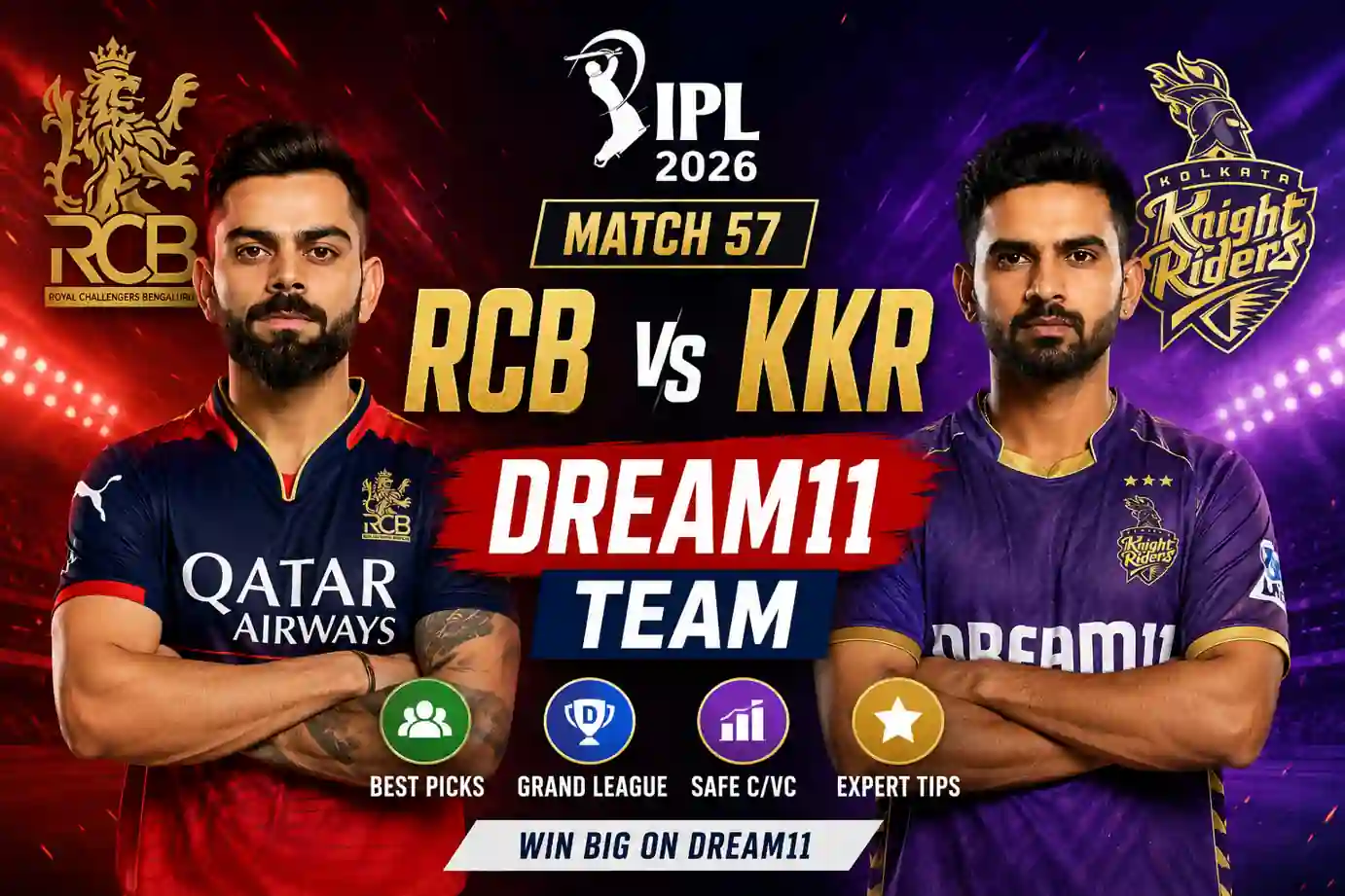 RCB vs KKR Dream11 Team IPL 2026 Match 57
