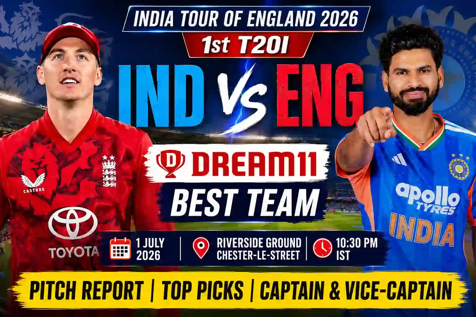 IND vs ENG Dream11 Team 1st T20I 2026: Best Fantasy Team & Prediction